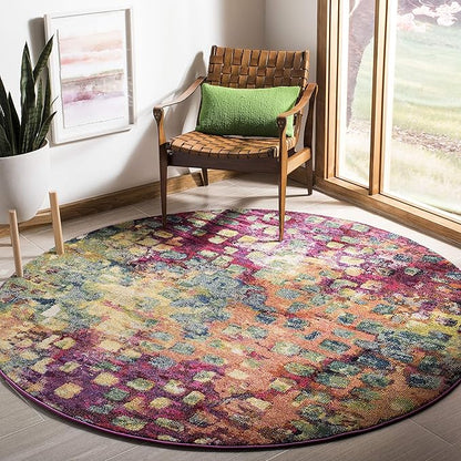 SAFAVIEH Monaco Collection Area Rug - 6'7" Round, Pink & Multi, Boho Chic Abstract Watercolor Design, Non-Shedding & Easy Care, Ideal for High Traffic Areas in Living Room, Bedroom (MNC225D)