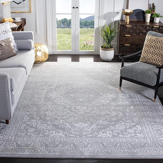 SAFAVIEH Area Rug 3' Square - Reflection Collection - Light Grey & Cream, Non-Shedding & Easy Cleaning, Ideal for Living Room, Bedroom (RFT668G)