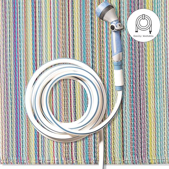 Fab Habitat Outdoor Rug - Waterproof, Fade Resistant, Crease-Free - Premium Recycled Plastic - Striped - Porch, Deck, Balcony, Mudroom, Laundry Room, Patio - Cancun - Candy - 8 x 8 ft Square