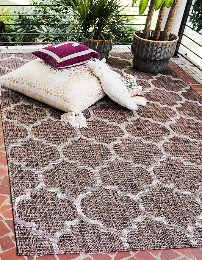 Unique Loom Outdoor Trellis Collection Area Rug (9' x 12' Rectangle, Brown/ Ivory)
