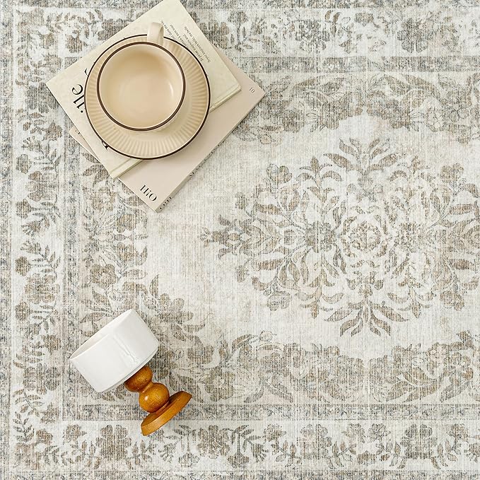 4x5 Area Rug Beige Washable Office Vintage Distressed Carpet Bedroom Indoor Neutral Medallion Floral Living Room Non Slip Retro Throw Floor Mat for Dining Room Kitchen Bathroom