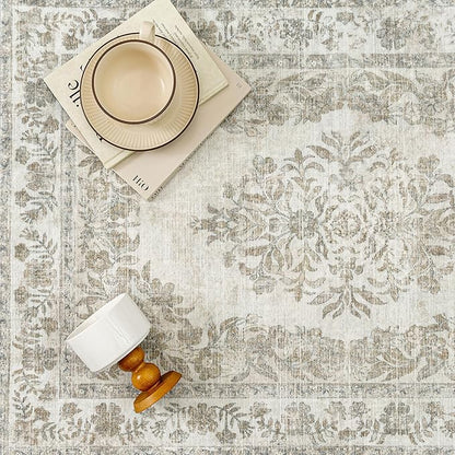4x5 Area Rug Beige Washable Office Vintage Distressed Carpet Bedroom Indoor Neutral Medallion Floral Living Room Non Slip Retro Throw Floor Mat for Dining Room Kitchen Bathroom