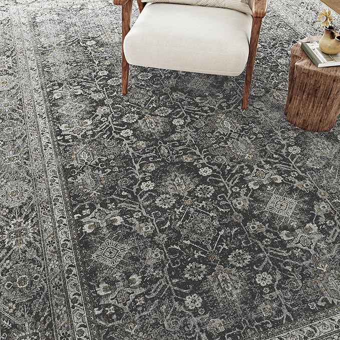 Black Runner Rug 2x7 Vintage Area Carpet Hallway Long Indoor Kitchen Washable Living Room Low Pile Traditional Distressed Retro Accent Throw Rug Non Slip Laundry Bathroom Office Dining Room