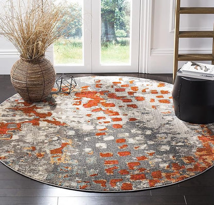 SAFAVIEH Monaco Collection Area Rug - 5' Round, Grey & Orange, Boho Chic Abstract Watercolor Design, Non-Shedding & Easy Care, Ideal for High Traffic Areas in Living Room, Bedroom (MNC225H)