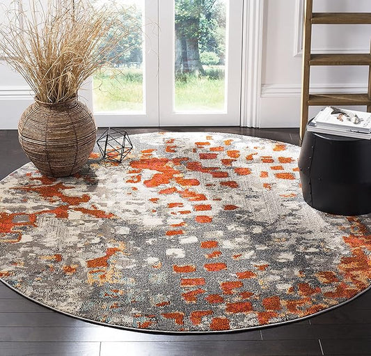 SAFAVIEH Monaco Collection Area Rug - 5' Round, Grey & Orange, Boho Chic Abstract Watercolor Design, Non-Shedding & Easy Care, Ideal for High Traffic Areas in Living Room, Bedroom (MNC225H)