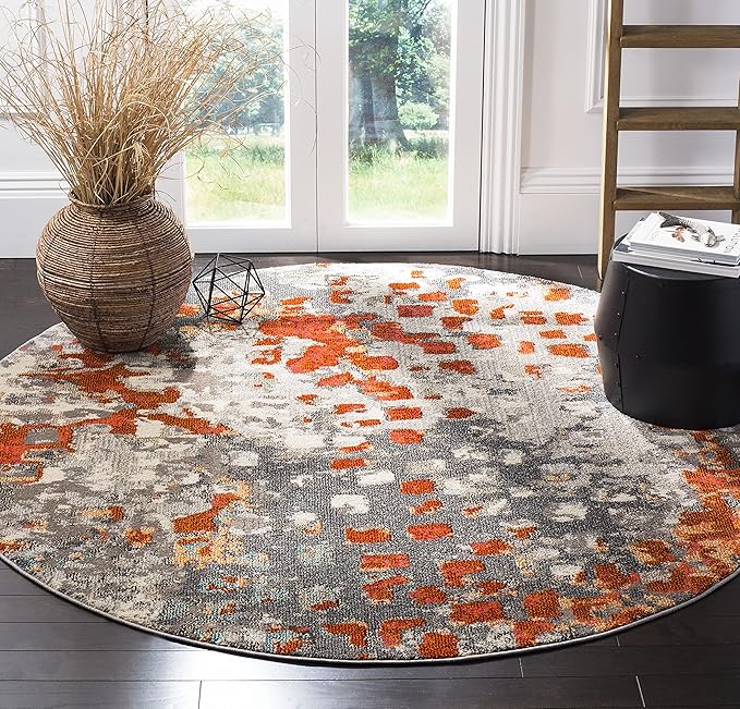 SAFAVIEH Monaco Collection Area Rug - 8'8" Round, Grey & Orange, Boho Chic Abstract Watercolor Design, Non-Shedding & Easy Care, Ideal for High Traffic Areas in Living Room, Bedroom (MNC225H)