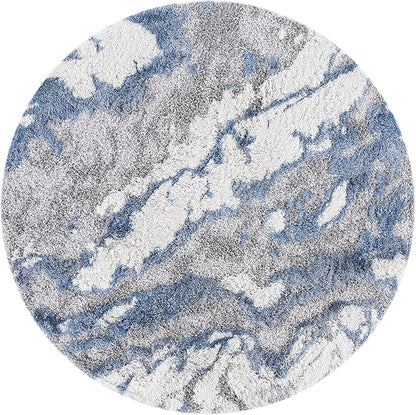 SAFAVIEH Horizon Shag Collection Area Rug - 6'7" Round, Grey & Blue, Modern Abstract Design, Non-Shedding & Easy Care, 2-inch Thick Ideal for High Traffic Areas in Living Room, Bedroom (HZN890G)