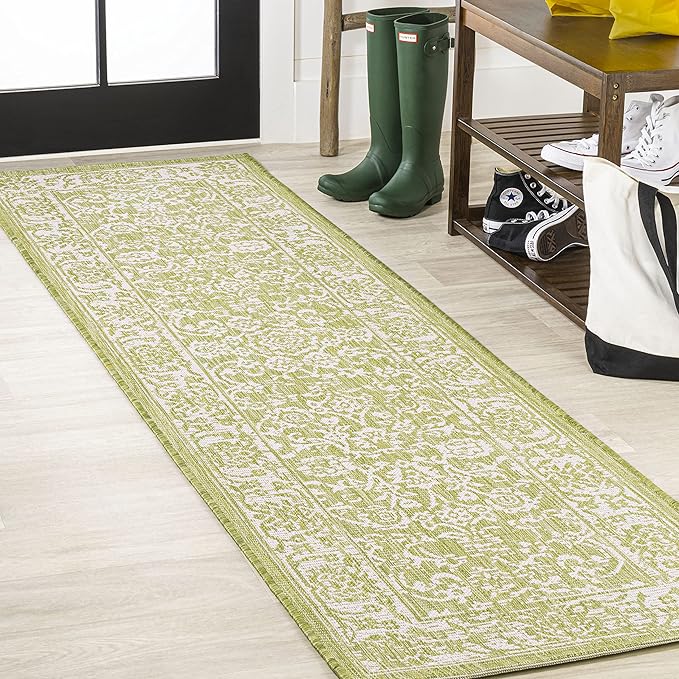 JONATHAN Y Weave Floral Indoor Outdoor Runner Rug 2X10 Green/Cream, Tela Bohemian Textured for Backyard, Patio, Porch, Easy-Cleaning, High Traffic, Pet-Friendly, Non-Shedding (SMB100D-210)