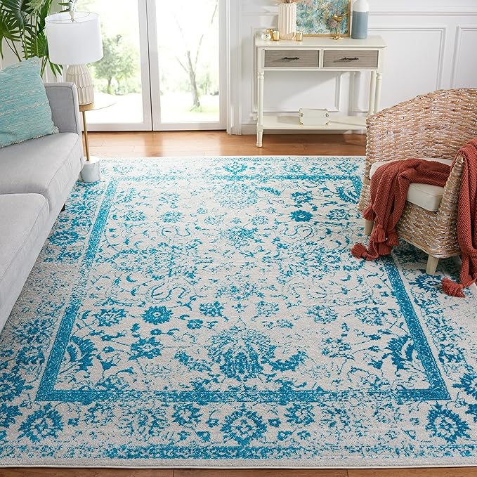 SAFAVIEH Adirondack Collection Area Rug - 4' Square, Ivory & Teal, Distressed Vintage Floral Design, Non-Shedding & Easy to Clean, Ideal for Living Room, Bedroom, Dining Space (ADR109D)