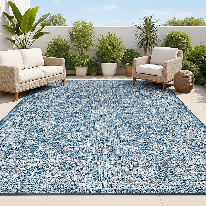 JONATHAN Y Weave Floral Indoor Outdoor Area Rug 5X8 Navy/Gray, Tela Bohemian Textured for Backyard, Patio, Porch, Easy-Cleaning, High Traffic, Pet-Friendly, Non-Shedding (SMB100B-5)