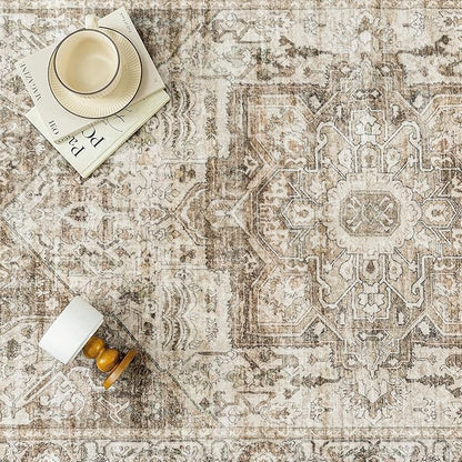 Brown Area Rug 9x12 Vintage Washable Distressed Living Room Carpet Large Indoor Non Slip Traditional Medallion Retro Low Pile Accent Throw Rug Bedroom Kitchen Office Dining Room