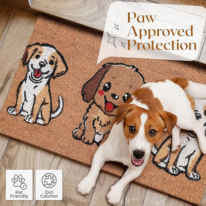 Coir Door Mats 17" X 30", Non-Slip Sturdy, PVC Backed Heavy Duty, Easy to Clean, Ideal for Door Entrance, Patio, Porch, Backyard, Garages, The 3 Cute Musketeer Puppies