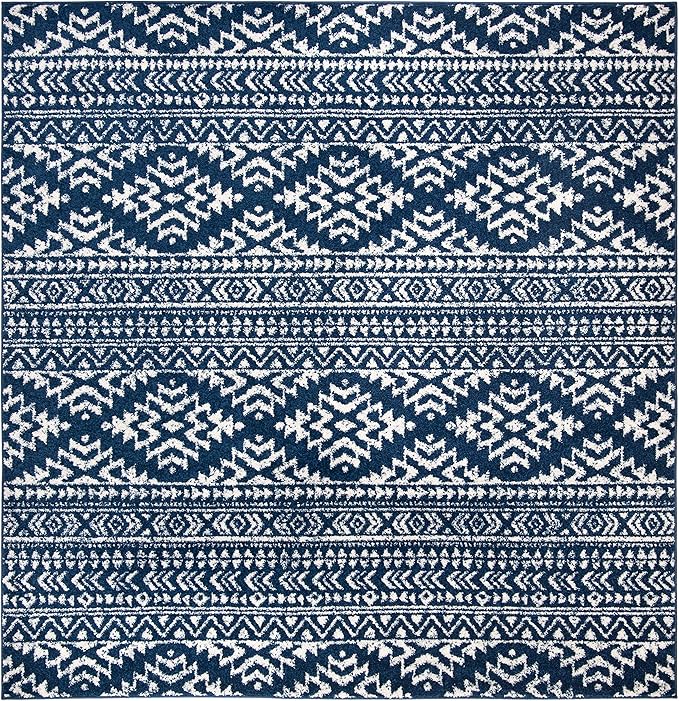 SAFAVIEH Tulum Collection Area Rug - 9' Square, Navy & Ivory, Moroccan Boho Tribal Design, Non-Shedding & Easy to Clean, Ideal for Living Room, Bedroom, Dining Space (TUL272N)