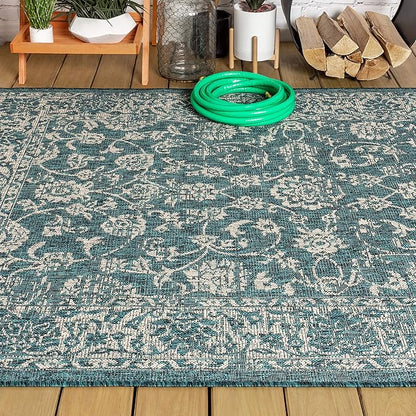 JONATHAN Y Weave Floral Indoor Outdoor Area Rug 4X6 Teal/Gray, Tela Bohemian Textured for Backyard, Patio, Porch, Easy-Cleaning, High Traffic, Pet-Friendly, Non-Shedding (SMB100C-4)