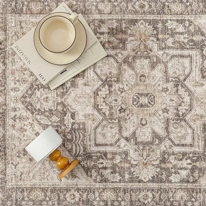 Taupe Brown Hallway Runner Rug 3x8 Vintage Washable Distressed Area Carpet Kitchen Indoor Non Slip Long Traditional Medallion Retro Accent Throw Rug for Bedroom Laundry Dining Living Room