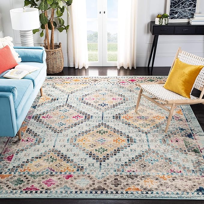 SAFAVIEH Madison Collection X-Large Area Rug - 12' x 15', Blue & Yellow, Boho Diamond Distressed Design, Non-Shedding & Easy Care, Ideal for High Traffic Areas in Living Room, Bedroom (MAD418K)