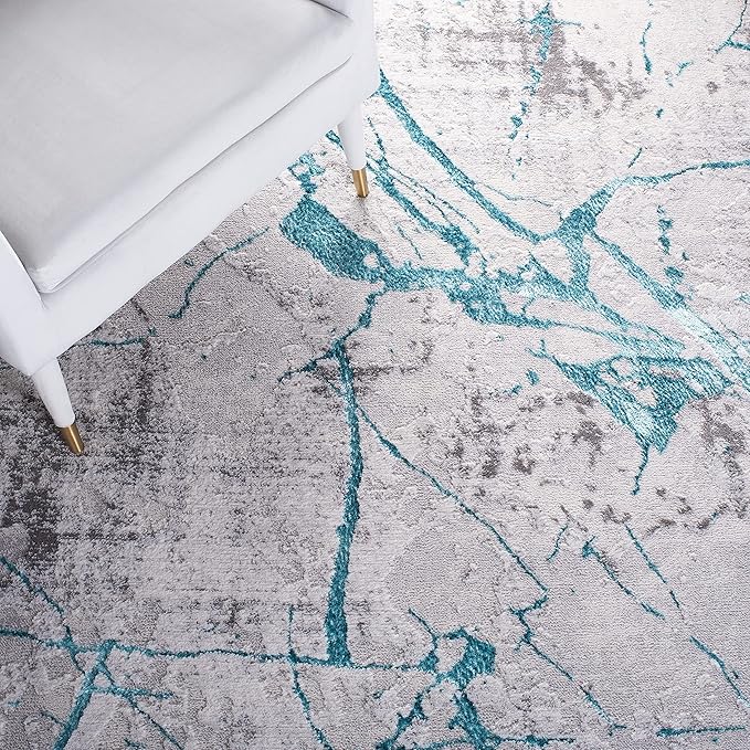 SAFAVIEH Amelia Collection Area Rug - 6'7" Square, Grey & Aqua, Modern Abstract Design, Non-Shedding & Easy Care, Ideal for High Traffic Areas in Living Room, Bedroom (ALA293H)