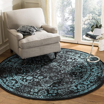SAFAVIEH Adirondack Collection Area Rug - 6' Round, Black & Teal, Distressed Vintage Floral Design, Non-Shedding & Easy to Clean, Ideal for Living Room, Bedroom, Dining Space (ADR109K)