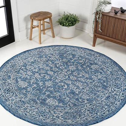 JONATHAN Y Weave Floral Indoor Outdoor Round Area Rug 8 Ft Navy/Gray, Tela Bohemian Textured for Backyard, Patio, Porch, Easy-Cleaning, High Traffic, Pet-Friendly, Non-Shedding (SMB100B-8R)