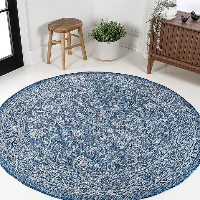 JONATHAN Y Weave Floral Indoor Outdoor Round Area Rug 5 Ft Navy/Gray, Tela Bohemian Textured for Backyard, Patio, Porch, Easy-Cleaning, High Traffic, Pet-Friendly, Non-Shedding (SMB100B-5R)