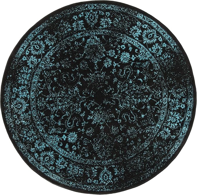 SAFAVIEH Adirondack Collection Area Rug - 4' Round, Black & Teal, Distressed Vintage Floral Design, Non-Shedding & Easy to Clean, Ideal for Living Room, Bedroom, Dining Space (ADR109K)