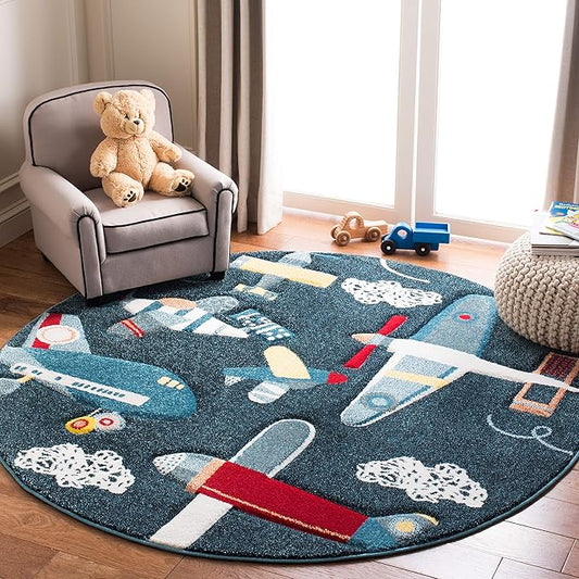 SAFAVIEH Carousel Kids Collection 3' Round Navy/Ivory CRK167N Airplane Non-Shedding Nursery Playroom Area Rug