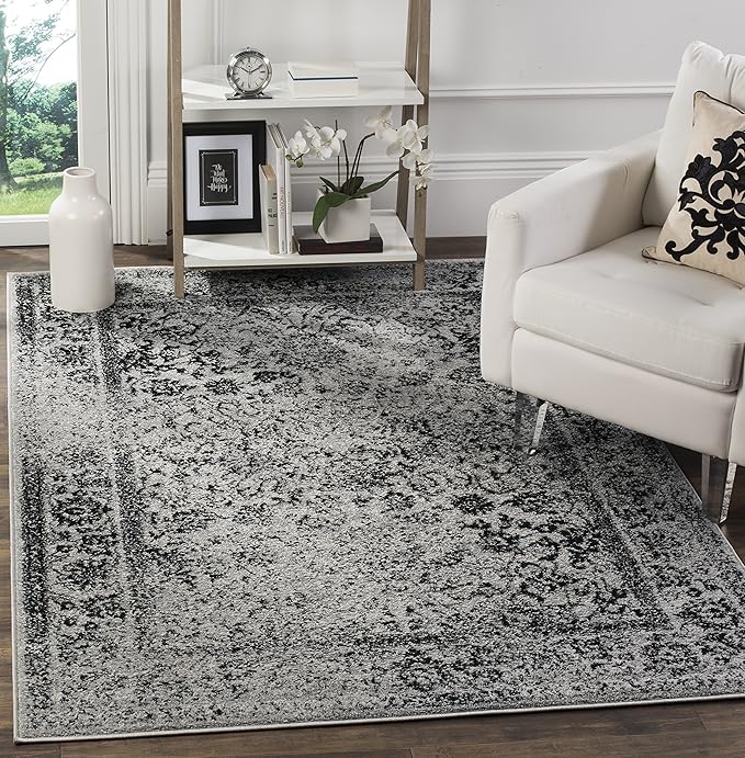 SAFAVIEH Area Rug 4x6 - Adirondack Collection - Grey & Black, Distressed Vintage Floral Design, Non-Shedding & Easy to Clean, Ideal for Living Room, Bedroom, Dining Space (ADR109B)