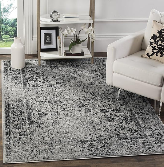 SAFAVIEH Area Rug 4x6 - Adirondack Collection - Grey & Black, Distressed Vintage Floral Design, Non-Shedding & Easy to Clean, Ideal for Living Room, Bedroom, Dining Space (ADR109B)