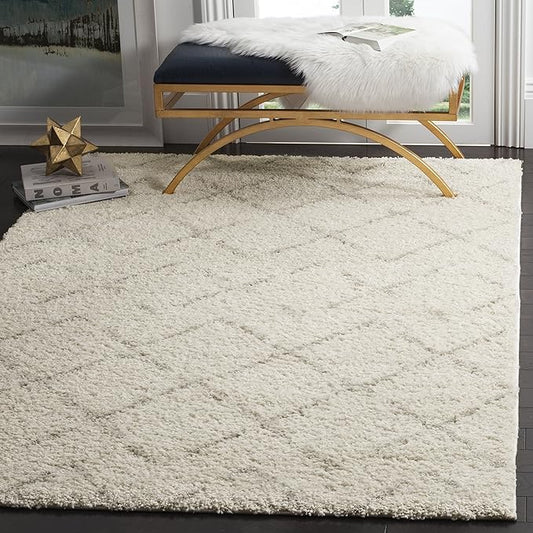SAFAVIEH Arizona Shag Collection Area Rug - 3'2" Square, Ivory & Beige, Moroccan Boho Design, Non-Shedding & Easy to Clean, Ideal for Living Room, Bedroom, Dining Space (ASG743A)
