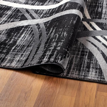 Rugshop Modern Wavy Circles Design Area Rug, Fade-Resistant Carpet for Living Room, Bedroom, or Dining Room, Black, 6'6" x 9'