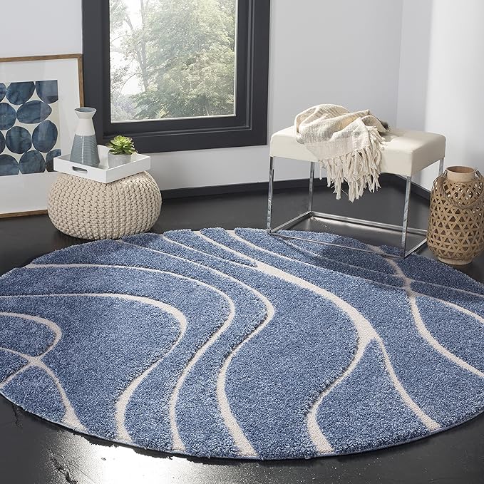 SAFAVIEH Florida Shag Collection 8' Round Light Blue/Cream SG471 Abstract Wave Non-Shedding Living Room Bedroom 1.2-inch Thick Area Rug