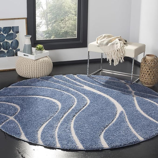 SAFAVIEH Florida Shag Collection Area Rug - 6'7" Round, Light Blue & Cream, Non-Shedding & Easy Care, 1.2-inch Thick Ideal for High Traffic Areas in Living Room, Bedroom (SG471-6011)