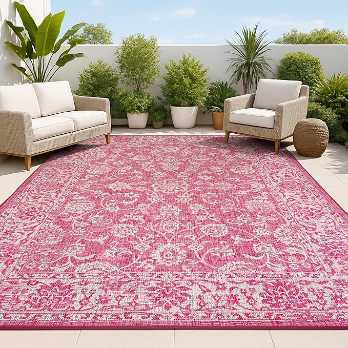 JONATHAN Y Weave Floral Indoor Outdoor Area Rug 5X8 Fuchsia/Light Gray, Tela Bohemian Textured for Backyard, Patio, Porch, Easy-Cleaning, High Traffic, Pet-Friendly, Non-Shedding (SMB100G-5)
