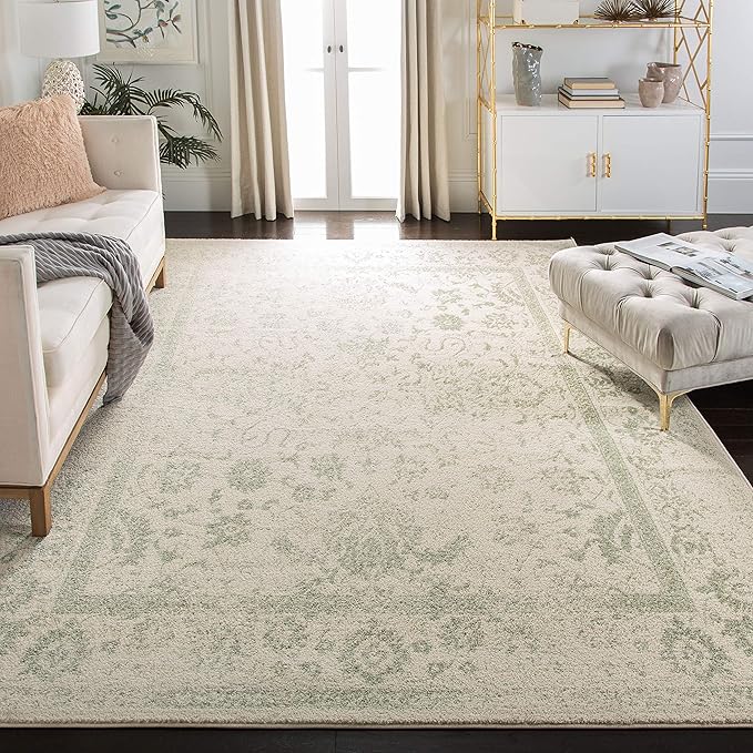 SAFAVIEH Adirondack Collection Area Rug - 12' Square, Ivory & Sage, Distressed Vintage Floral Design, Non-Shedding & Easy to Clean, Ideal for Living Room, Bedroom, Dining Space (ADR109V)