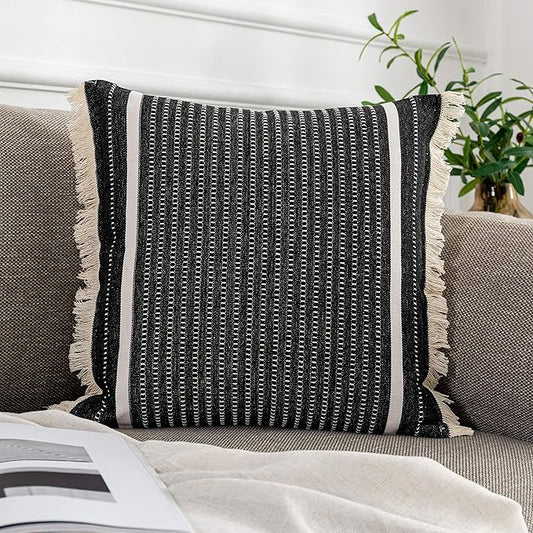 OJIA Modern Throw Pillow Cover with Tassels, Decorative Liana Fringe Accent Cushion Case, Farmhouse Woven Pillowcase for Sofa Chair Couch Bed Decor (Lumbar 20 x 20 Inches, Black)