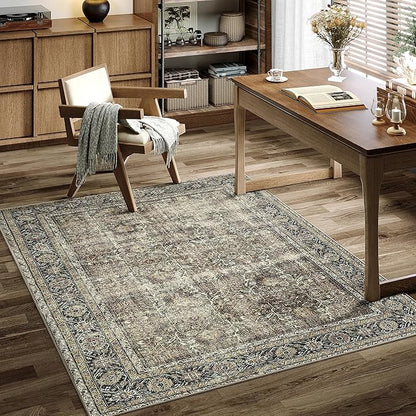Vintage Area Rug 3x5 Brown Entryway Office Washable Carpet Non Slip Bedroom Indoor Living Room Door Mat Low Pile Traditional Distressed Retro Accent Rug for Dining Room Bathroom Kitchen