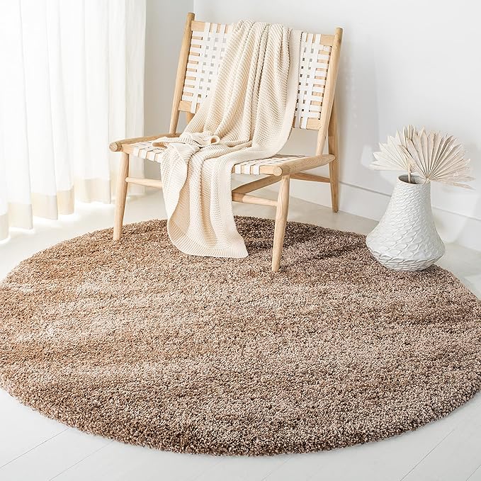 SAFAVIEH Milan Shag Collection 5'1" Round Dark Beige SG180 Solid Non-Shedding Living Room Bedroom Dining Room Entryway Plush 2-inch Thick Area Rug