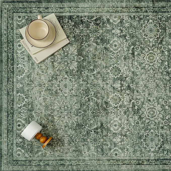6x9 Vintage Area Rug Green Washable Living Room Large Non Slip Carpet Bedroom Indoor Office Low Pile Traditional Distressed Retro Floral Accent Rug for Dining Room Kitchen