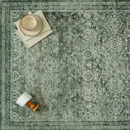 6x9 Vintage Area Rug Green Washable Living Room Large Non Slip Carpet Bedroom Indoor Office Low Pile Traditional Distressed Retro Floral Accent Rug for Dining Room Kitchen
