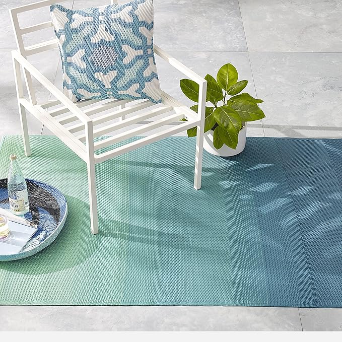 Fab Habitat Ombre Outdoor Rug - Waterproof, Fade Resistant, Crease-Free, Reversible - Premium Recycled Plastic - Patio Porch Balcony Deck - Big Sur Teal - 8x10 ft