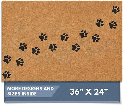 Barnyard Designs Natural Coco Coir Heavy Duty Backing Doormat - Large Cute Non-Slip Front Door Welcome Mat for Outside Entrance or Porch Entry, Brown (24x36, Paws)
