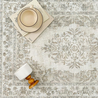 5x7 Area Rug Beige Washable Vintage Distressed Living Room Carpet Large Bedroom Indoor Medallion Floral Non Slip Retro Throw Floor Mat for Office Dining Room Kitchen Bathroom