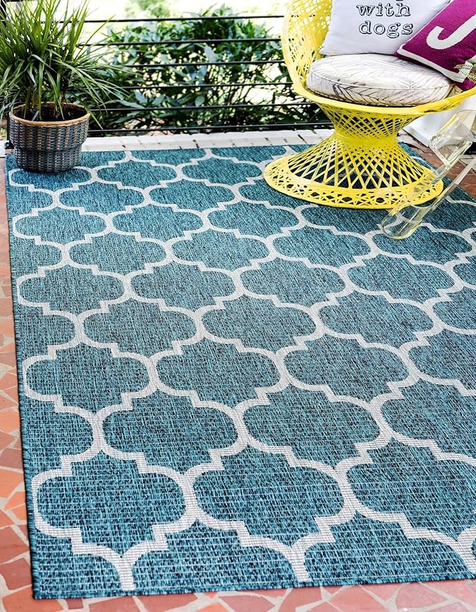 Unique Loom Outdoor Trellis Collection Area Rug (9' x 12' Rectangle, Teal/ Gray)