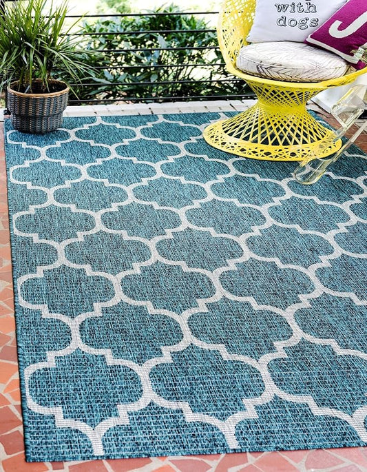 Unique Loom Outdoor Trellis Collection Area Rug (4' 1" x 6' 1" Rectangle, Teal/ Gray)