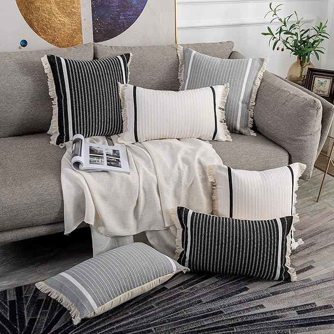 OJIA Modern Throw Pillow Cover with Tassels, Decorative Liana Fringe Accent Cushion Case, Farmhouse Woven Pillowcase for Sofa Chair Couch Bed Decor (Lumbar 12 x 20 Inches, Grey)