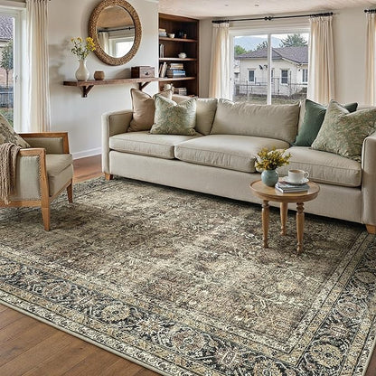 Vintage Area Rug 9x12 Brown Washable Living Room Large Carpet Non Slip Bedroom Indoor Office Low Pile Traditional Distressed Retro Accent Rug for Dining Room