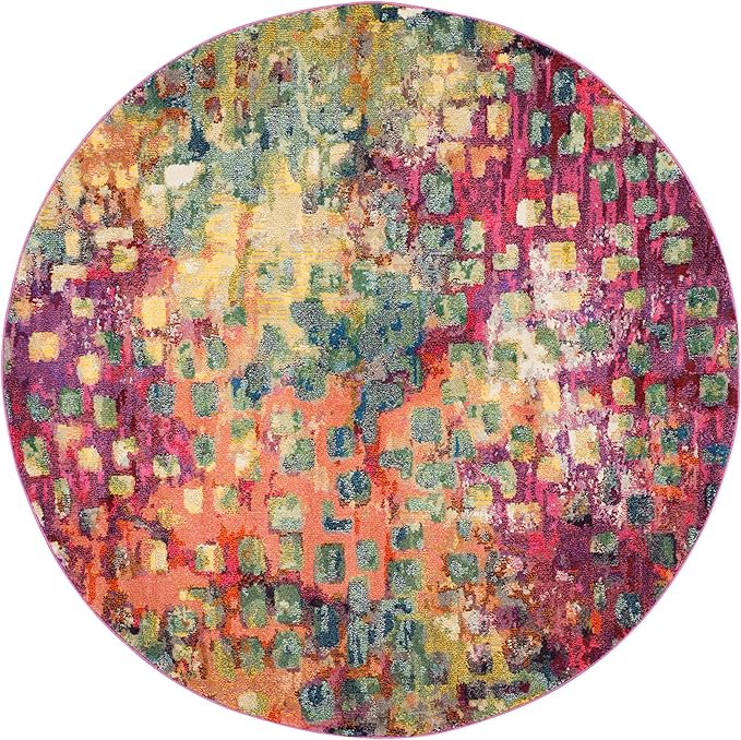 SAFAVIEH Monaco Collection Area Rug - 8'8" Round, Pink & Multi, Boho Chic Abstract Watercolor Design, Non-Shedding & Easy Care, Ideal for High Traffic Areas in Living Room, Bedroom (MNC225D)