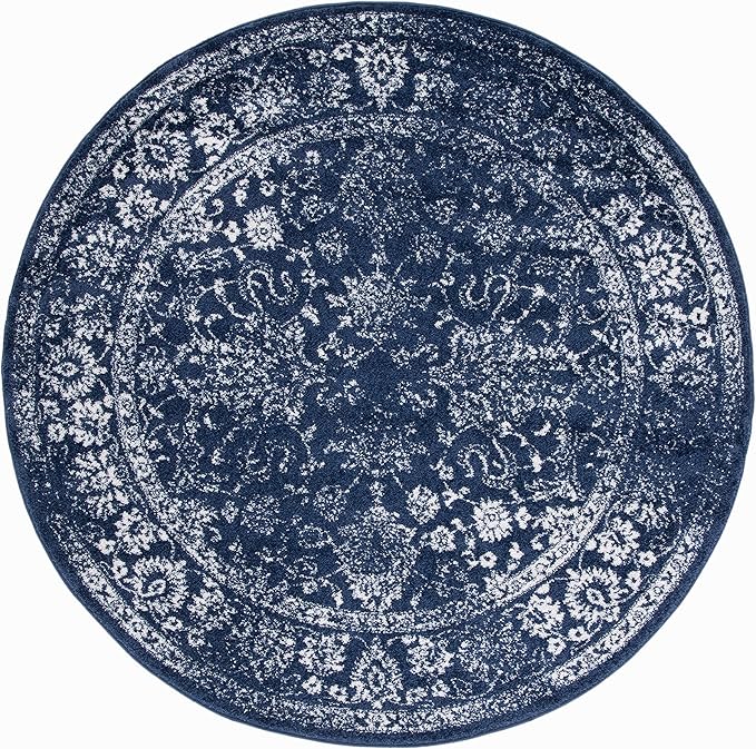 SAFAVIEH Adirondack Collection Area Rug - 10' Round, Navy & Ivory, Distressed Vintage Floral Design, Non-Shedding & Easy to Clean, Ideal for Living Room, Bedroom, Dining (ADR109N)