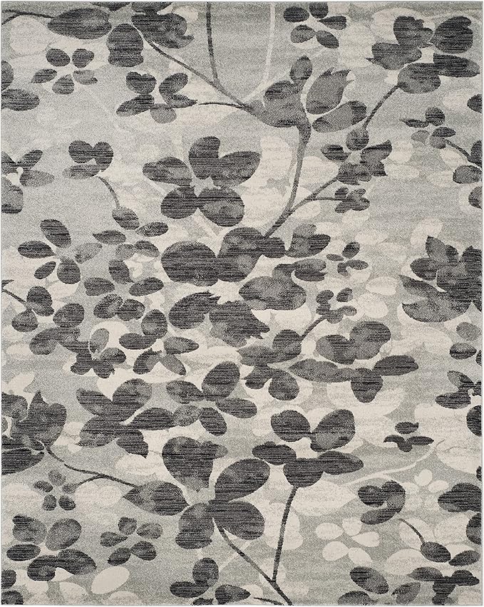 SAFAVIEH Evoke Collection Area Rug - 9' x 12', Grey & Black, Floral Design, Non-Shedding & Easy Care, Ideal for High Traffic Areas in Living Room, Bedroom (EVK236R)