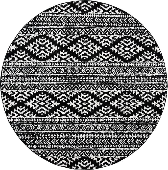 SAFAVIEH Tulum Collection Area Rug - 12' Round, Black & Ivory, Moroccan Boho Tribal Design, Non-Shedding & Easy to Clean, Ideal for Living Room, Bedroom, Dining Space (TUL272Z)